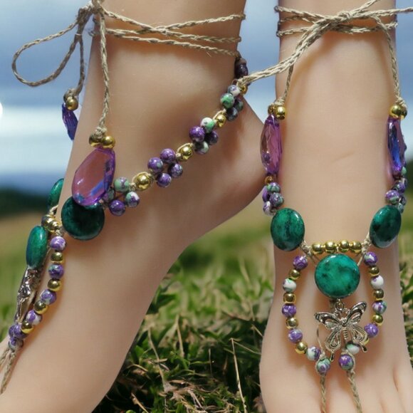 Butterfly Green & Purple Gemstone Barefoot Sandals. Handmade foot jewelry. - Picture 2 of 6